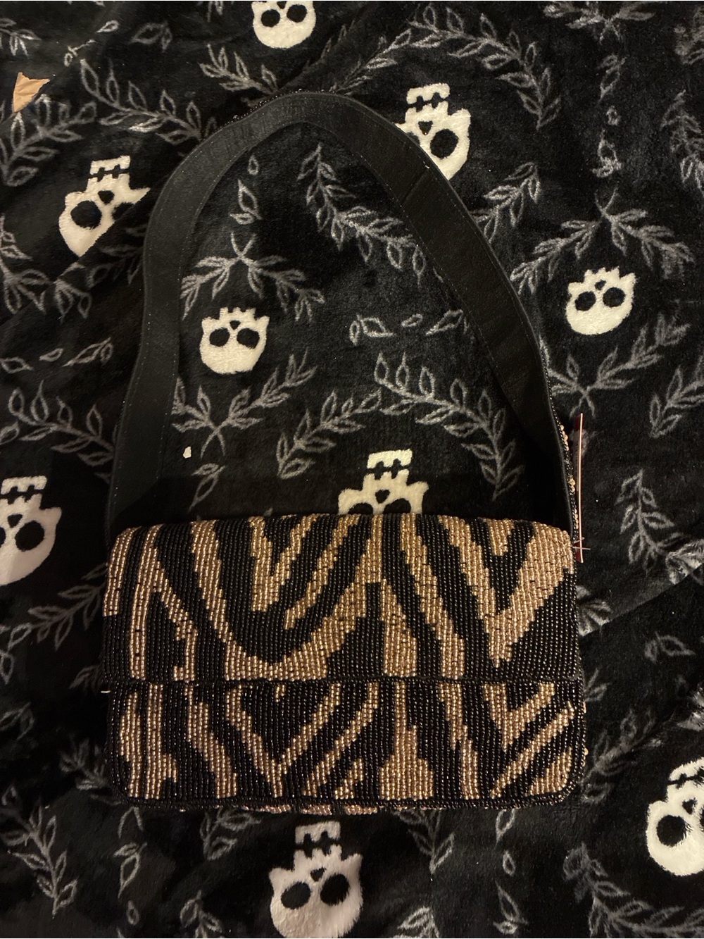 Kelly and Katie Beaded Zebra-Print Shoulder Bag in Black and Gold